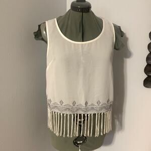 MINE Embroidered Sheer Fringe Tank Top White Medium NEW